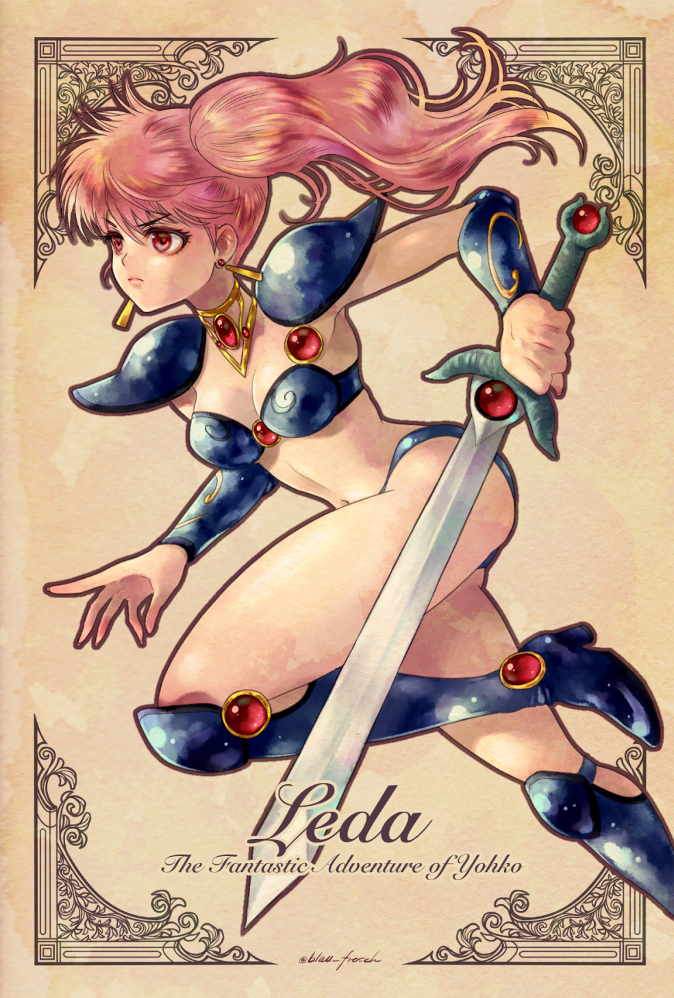 1girl angie_(kani-ga-tobuna) armor armored_boots asagiri_youko bikini bikini_armor blue_bikini blue_boots boots closed_mouth feet_out_of_frame gem genmu_senki_leda high_heel_boots high_heels highres holding holding_sword holding_weapon knee_boots navel pauldrons pink_hair red_eyes running sepia shoulder_armor shoulder_pads solo swimsuit sword upper_body vambraces weapon