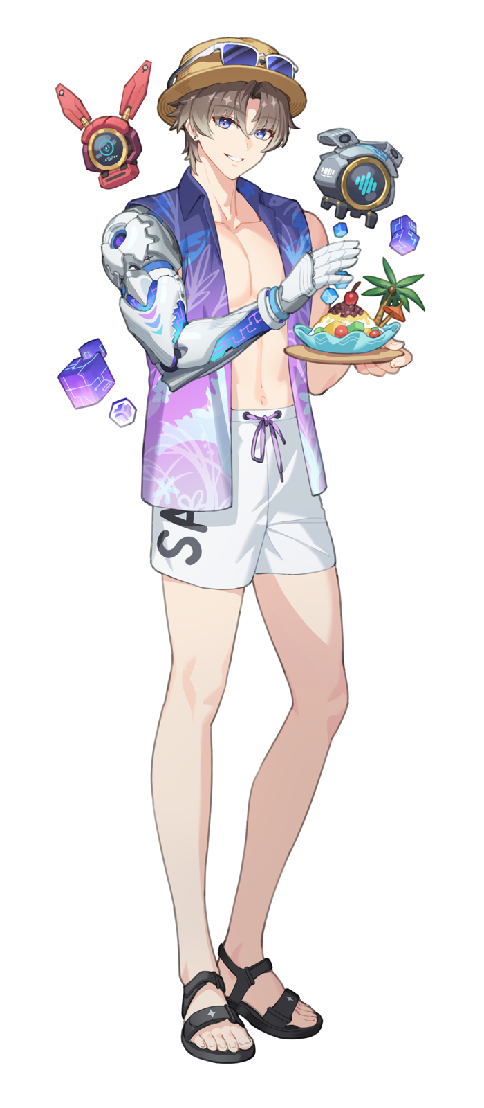 1boy alternate_costume bare_legs blue_eyes brown_hair brown_hat collarbone commentary_request dl_(dl_6ix) earrings eyewear_on_headwear feet food_request full_body hat highres holding holding_plate jewelry korean_commentary legs looking_at_viewer male_focus male_swimwear mechanical_arms mechanical_hands navel parted_bangs plate short_hair shorts simple_background single_mechanical_arm single_mechanical_hand smile solo stomach stud_earrings tacet_mark_(wuthering_waves) toes toned toned_male white_background white_male_swimwear white_shorts wuthering_waves xiangli_yao_(wuthering_waves)