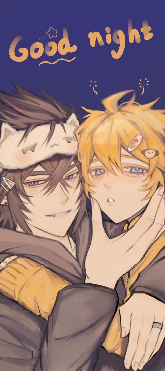 2boys alternate_costume aotu_world black_hair black_hoodie blonde_hair blue_background blue_eyes english_text hair_between_eyes hair_ornament hairclip highres hood hoodie hug jewelry king_(aotu_world) long_sleeves looking_at_viewer male_focus multiple_boys parted_lips plutoray pointy_ears purple_eyes ray_(aotu_world) ring short_hair simple_background smile star_(symbol) sweater upper_body yaoi yellow_sweater