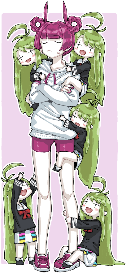 +_+ 6+girls ahoge black_shirt blunt_bangs chatgpt-tan clone closed_eyes closed_mouth frown full_body hair_rings hood hood_down hoodie long_hair man_(man-room) multiple_girls open_mouth original pink_background purple_hair purple_shoes purple_shorts shirt shoes short_hair shorts simple_background skirt standing tone_sphere trin_(tone_sphere) white_background white_hoodie white_skirt