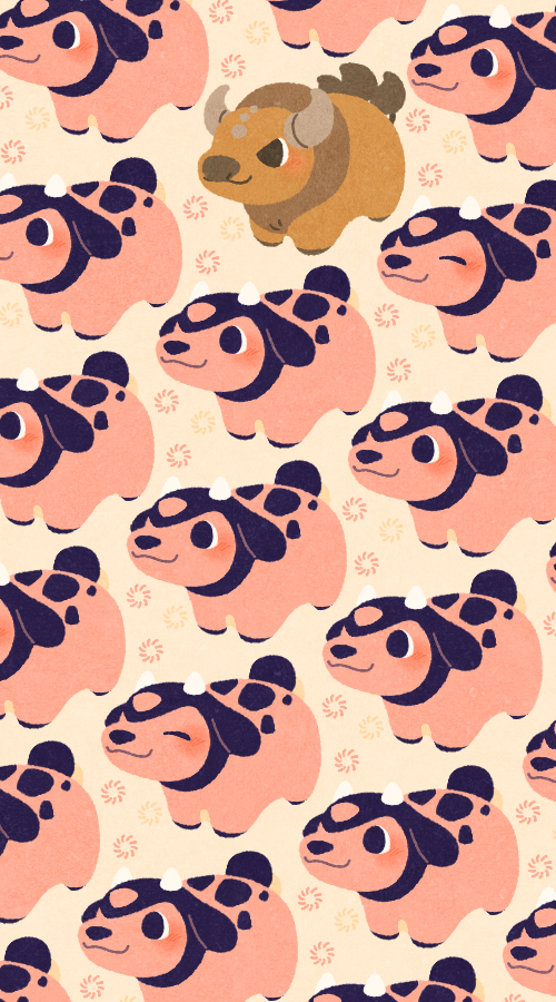 animal_focus black_eyes blush brown_background closed_eyes cow full_body gen_1_pokemon gen_2_pokemon miltank nintendo no_humans odd_one_out pokemon pokemon_(creature) satsumapotato smile tauros