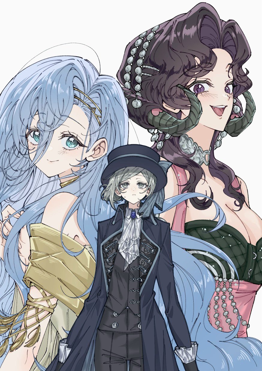 37_(reverse:1999) 3girls :&gt; :d ancient_greek_clothes anjo_nala armlet ascot bare_shoulders black_coat black_hair black_hat black_pants black_vest blue_bow blue_eyes blue_hair boater_hat bow breasts choker cleavage closed_mouth coat collared_shirt cowboy_shot curled_horns dress fang freckles greco-roman_clothes grey_choker grey_eyes grey_hair grey_horns hair_between_eyes hair_bun hand_up hat hat_bow highres horns jewelry large_breasts long_hair looking_at_viewer low_horns multiple_girls open_mouth pants pink_dress purple_eyes reverse:1999 shirt single_side_bun sleeveless sleeveless_dress smile sogongnyeo sweat upper_body vertin_(reverse:1999) very_long_hair vest waistcoat white_ascot white_background white_shirt