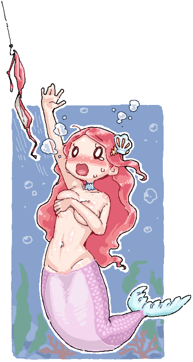 0_0 1girl blush breasts bubble copyright_request covering_breasts covering_privates fish_hook full_body long_hair man_(man-room) medium_breasts mermaid monster_girl nose_blush open_mouth pink_hair shell_hair_ornament solo underwater unworn_bikini_top