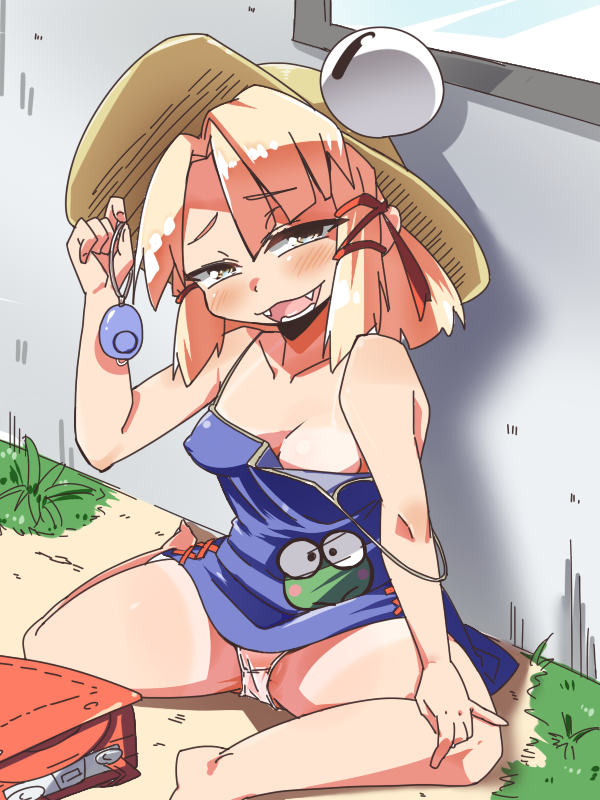 1girl backpack bag barefoot blonde_hair blue_dress blush breasts cameltoe commentary_request covered_erect_nipples crime_prevention_buzzer dress fangs full_body grass hasunoue_keroppi hat kenta_(daresero) kero_kero_keroppi looking_at_viewer medium_hair mesugaki moriya_suwako no_bra open_mouth panties randoseru sanrio short_dress sitting small_breasts smile smug solo strap_slip sundress touhou underwear white_panties yellow_eyes