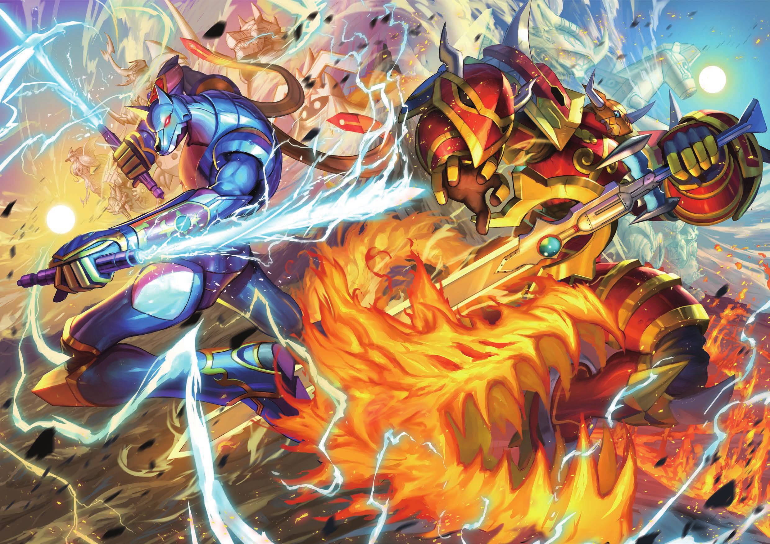 1girl 6+boys ancientgreymon ancientmegatheriumon ancientmermaimon ancienttroiamon ancientvolcamon armor blue_armor commentary digimon digimon_(creature) digimon_card_game dragon dual_wielding energy_sword fire glowing glowing_eyes helmet highres holding holding_sword holding_weapon horns kaisergreymon knight lightsaber male_focus multiple_boys orange_helmet red_armor red_eyes shoulder_armor spareribs sun sword weapon