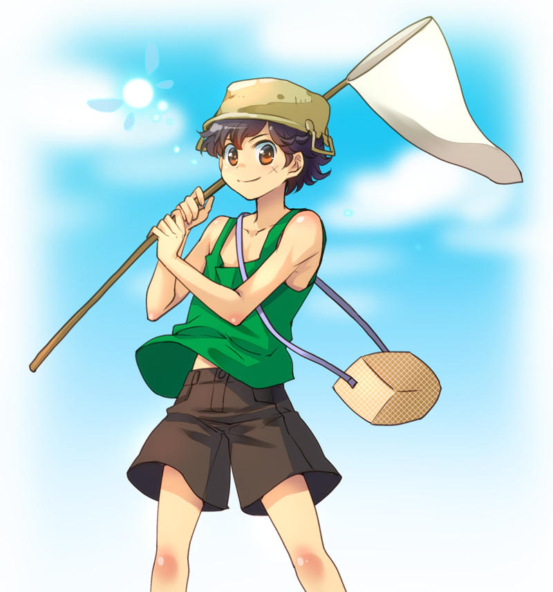 1boy blue_sky brown_eyes brown_hair butterfly_net donnel_(fire_emblem) fairy fire_emblem fire_emblem_awakening green_tank_top hand_net holding holding_butterfly_net looking_at_viewer male_focus nintendo pot_on_head shorts shuri_yasuyuki sky solo tank_top