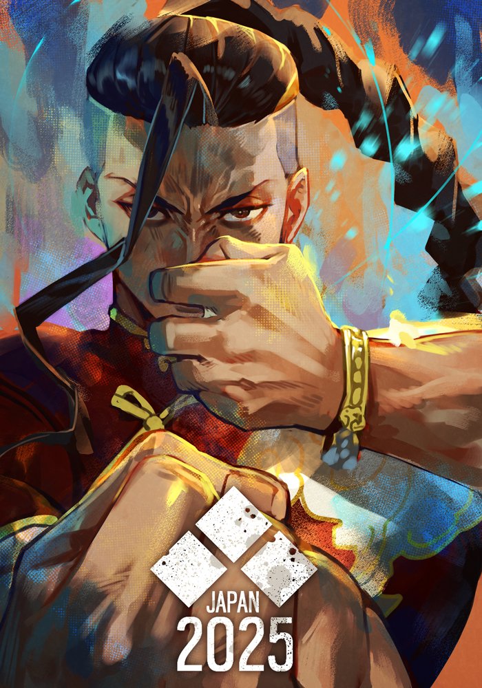 1boy 2025 arm_up black_hair bracelet braid brown_eyes chinese_clothes clenched_hands closed_mouth dark-skinned_male dark_skin dated eyeliner furrowed_brow hungry_clicker jamie_siu jewelry long_hair makeup male_focus official_alternate_costume outstretched_arm red_shirt shirt single_bang single_braid solo street_fighter street_fighter_6 upper_body v-shaped_eyebrows veins very_long_hair xiangyun