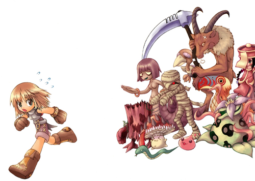 2000s_(style) 2boys 3girls :3 axe bad_id bandages bangle baphomet_(mythology) baphomet_(ragnarok_online) belt bird black_eyes blonde_hair boa_(ragnarok_online) bracelet brown_belt brown_dress brown_footwear brown_gloves brown_hair brown_shorts chibi chibi_only closed_mouth commentary_request condor_(ragnarok_online) dress elder_willow_(ragnarok_online) fleeing full_body gloves grey_shirt hair_between_eyes holding holding_scythe isis_(ragnarok_online) jacket jewelry jiangshi korean_commentary lamia long_hair looking_at_viewer looking_to_the_side lowres mandragora_(ragnarok_online) medium_hair monster_girl monster_gogo multiple_boys multiple_girls mummy mummy_(ragnarok_online) munak mushroom novice_(ragnarok_online) official_art open_mouth outstretched_arms pants peco_peco pelvic_curtain poring purple_hair ragnarok_online running scythe shirt short_hair short_sleeves shorts simple_background slime_(creature) smile snake spore_(ragnarok_online) staff tree underwear weapon white_background zombie_pose
