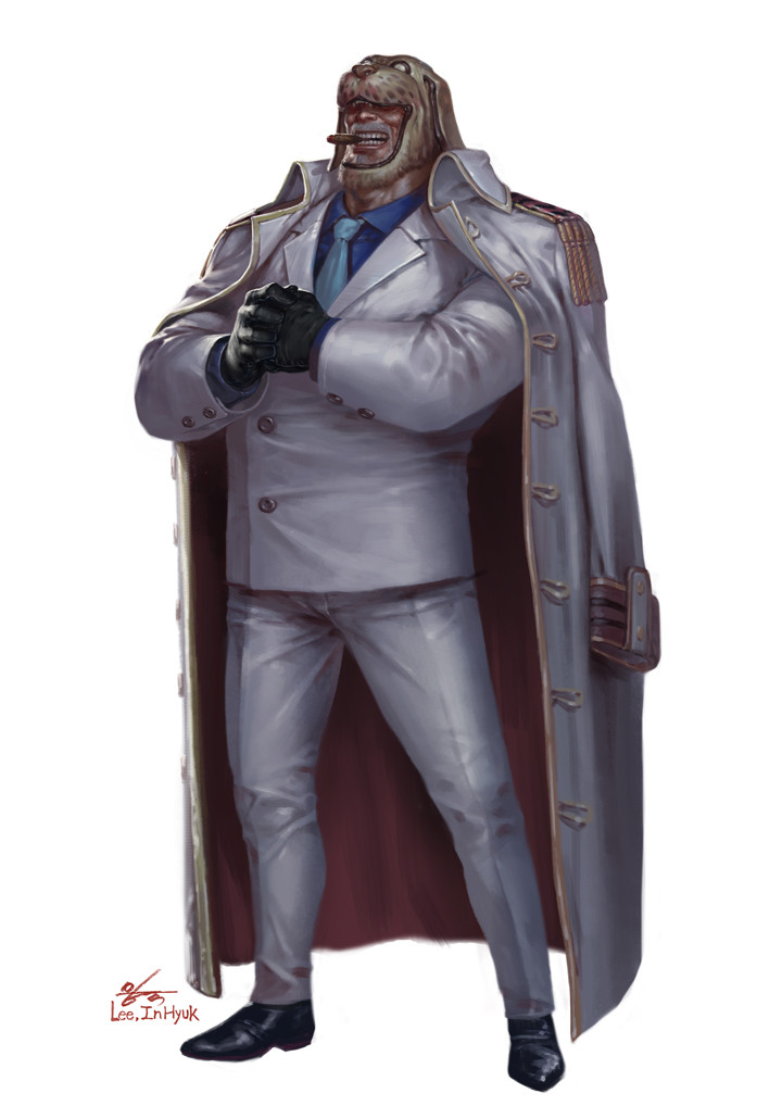 1boy artist_name beard black_gloves blue_necktie blue_shirt cigar coat coat_on_shoulders commentary english_commentary epaulettes facial_hair formal_clothes formal_clothes full_body gloves in-hyuk_lee long_sleeves male_focus mask military_uniform monkey_d._garp mouth_hold mustache necktie one_piece open_mouth realistic shirt signature solo suit teeth
