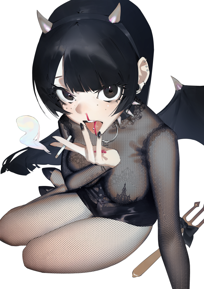 1girl black_bow black_eyes black_hair black_nails black_shorts black_wings blood bow breasts cigarette clothing_request collar demon_horns demon_wings ear_piercing fake_horns fishnet_pantyhose fishnets holding holding_cigarette horns medium_breasts mi8pq nosebleed original pantyhose piercing pitchfork shorts smoke solo spiked_collar spikes tongue tongue_out tongue_piercing wings