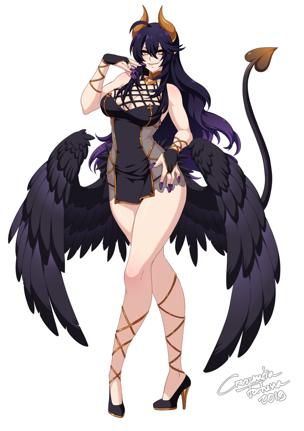 1girl 2019 ahoge artist_name bare_shoulders black_gloves black_panties black_shoes breasts bridal_gauntlets closed_mouth commentary crescentia_fortuna criss-cross_straps crossed_legs dated demon_girl demon_horns demon_tail detached_collar dress english_commentary eyebrows_hidden_by_hair fang female_focus finger_to_cheek fingerless_gloves fingernails fishnets full_body gloves gold_horns gold_ribbon gold_trim gradient_hair hair_between_eyes hand_on_own_hip hand_up high_heels highres horns large_breasts long_fingernails long_hair low_wings multicolored_hair original panties pelvic_curtain pointy_ears purple_hair purple_nails ribbon-trimmed_legwear ribbon_trim see-through_clothes see-through_dress sharp_fingernails shoes side-tie_panties simple_background smile smug solo standing stiletto_heels tail thick_lips thick_thighs thighs underwear very_long_hair white_background wings yellow_eyes