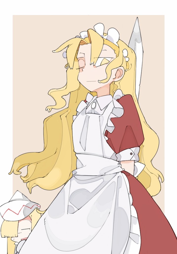 2girls apron blonde_hair bolos closed_eyes dress hair_ornament hat lily_white long_hair looking_at_viewer maid maid_headdress multiple_girls open_mouth puffy_short_sleeves puffy_sleeves red_dress short_sleeves sword touhou touhou_(pc-98) weapon yellow_eyes yumeko_(touhou)
