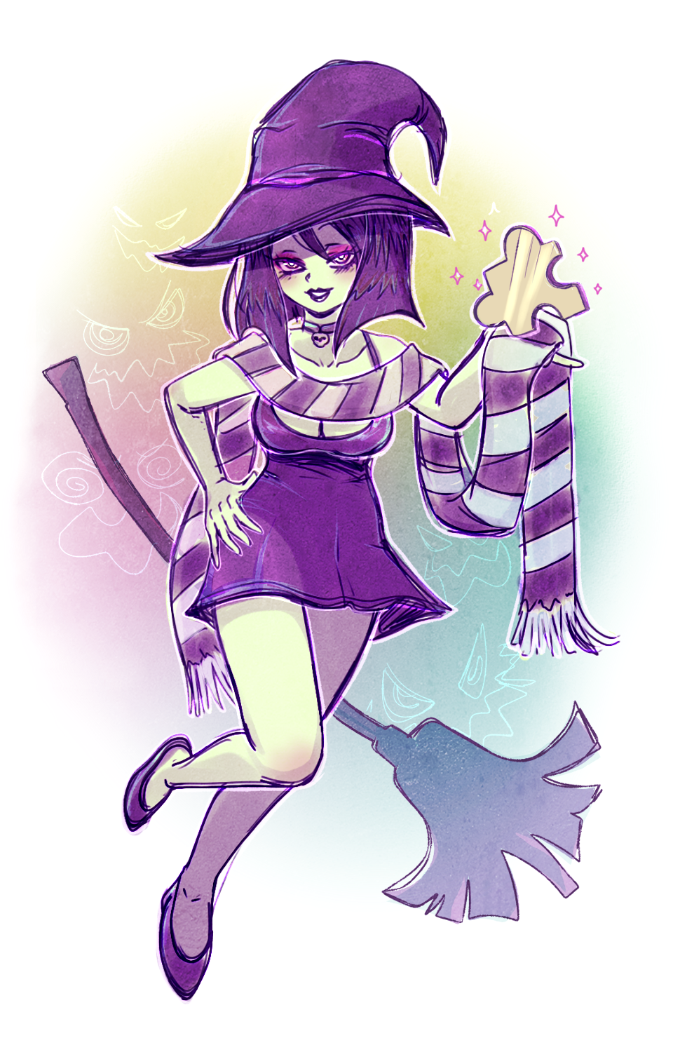 1girl banjo-kazooie black_hair black_lips breasts broom choker cleavage colored_skin dress female_focus green_skin gruntilda_winkybunion hassysoda hat highres lipstick makeup scarf short_hair solo witch_hat