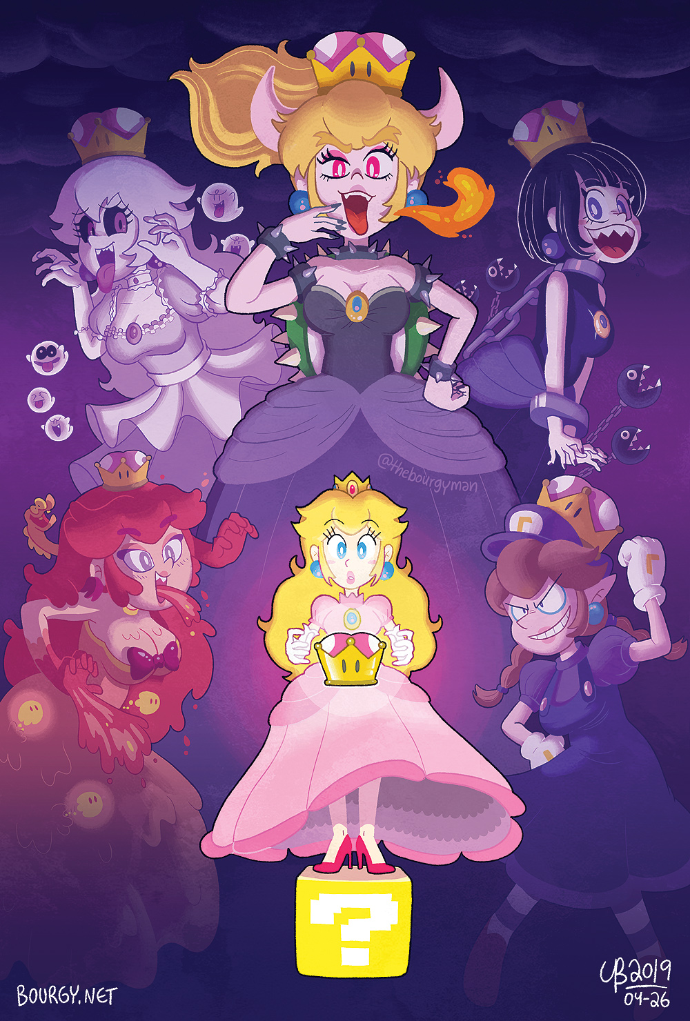 6+girls ?_block armlet black_dress black_hair black_sclera blargg blonde_hair bob_cut boo_(mario) bowsette braid breasts breath_weapon breathing_fire brooch brown_hair chain_chomp cleavage colored_sclera dated dress fire gender_request genderswap grin hand_to_own_mouth highres jewelry lava_bubble long_hair looking_at_another luigi&#039;s_mansion mario_(series) multiple_girls new_super_mario_bros._u_deluxe nintendo orange_dress overall_skirt personification pink_dress princess_chain_chomp princess_king_boo princess_peach purple_dress purple_eyes red_eyes red_hair ribbon sharp_teeth short_hair smile spiked_armlet super_crown teeth thebourgyman tongue tongue_out waluigi white_dress white_hair