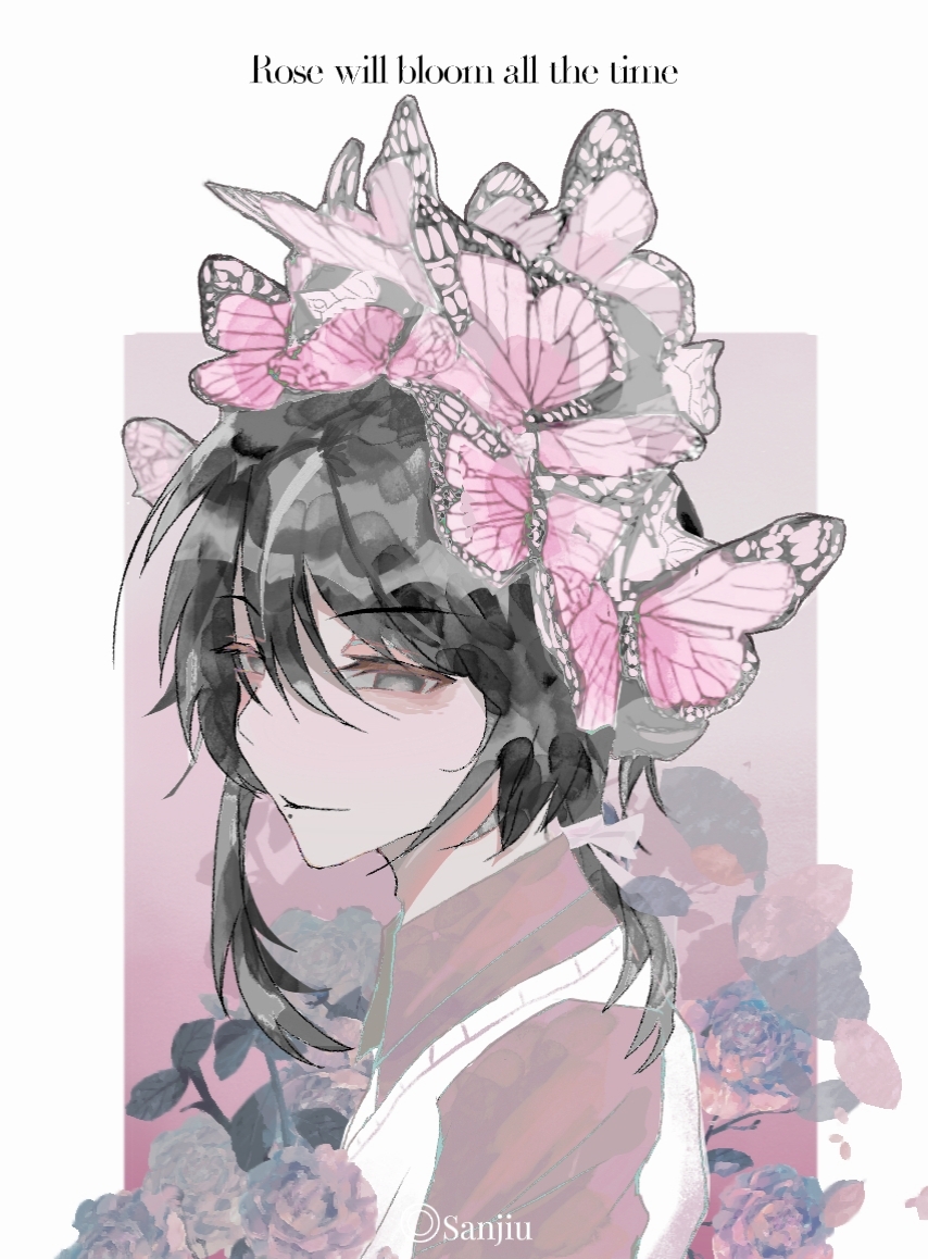 1boy artist_name black_eyes black_hair bug butterfly chinese_commentary closed_mouth commentary_request english_text engrish_text hair_ribbon insect long_hair male_focus mo_chengwei mole mole_under_mouth pink_butterfly pink_ribbon pink_shirt ranguage ribbon sanjiu shirt single_sidelock smile solo sweater_vest too_many too_many_butterflies touqi_guaitan upper_body white_sweater_vest