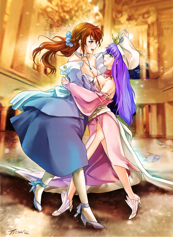 00s 2girls alternate_hairstyle arika_yumemiya bare_shoulders breasts brown_hair choker cleavage dancing detached_sleeves dress eye_contact female_focus hat high_heels lilaccu long_hair looking_at_another low_ponytail mashiro_blan_de_windbloom multiple_girls my-hime my-otome panties pantyhose ponytail purple_hair side_slit signature sunrise_(company) underwear yuri