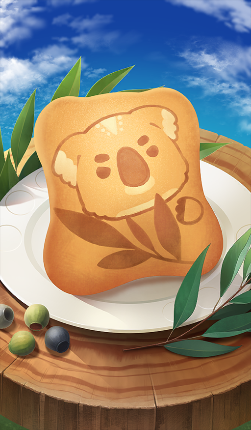 blue_sky chocolate_river_no_sono_saki_ni cloud commentary_request fate/grand_order fate_(series) food food_request fruit koala leaf no_humans official_art oversized_food oversized_object plate pluto11sco sky still_life third-party_source tree_stump