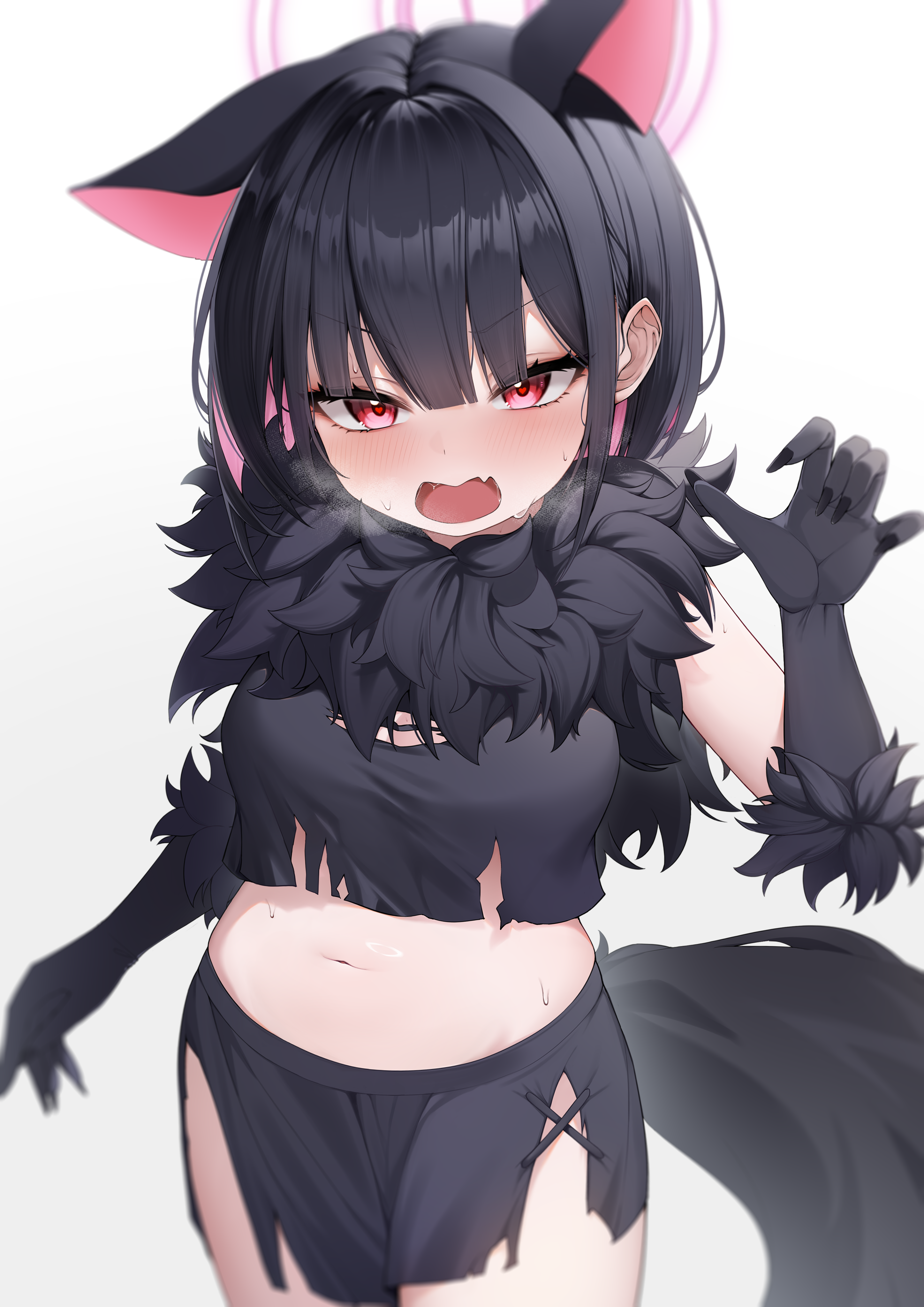 1girl absurdres animal_ears black_gloves black_hair black_skirt blue_archive blush cat_ears cat_girl claws commentary_request fur-trimmed_gloves fur_scarf fur_trim gloves hand_up highres kazusa_(blue_archive) kazusa_(halloween)_(blue_archive) looking_at_viewer navel pink_hair short_hair simple_background single_ear_down skirt solo stomach tail wendao werewolf_costume white_background wolf_tail