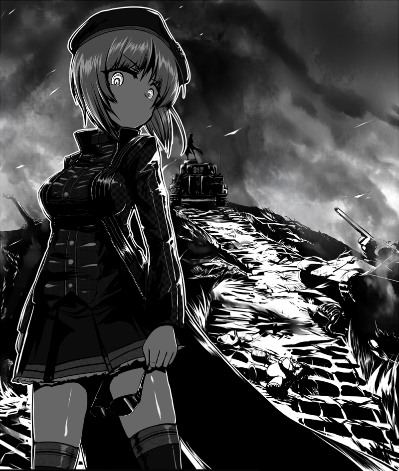 10s 1girl beret crazy_eyes destruction girls_und_panzer glasses greyscale hat holding jacket looking_at_viewer military military_vehicle miniskirt monochrome motor_vehicle multiple_girls nelo_anjuurou nishizumi_miho no_mouth pleated_skirt short_hair skirt smoke solo_focus standing sunglasses t-34 tank tiger_i vehicle_request