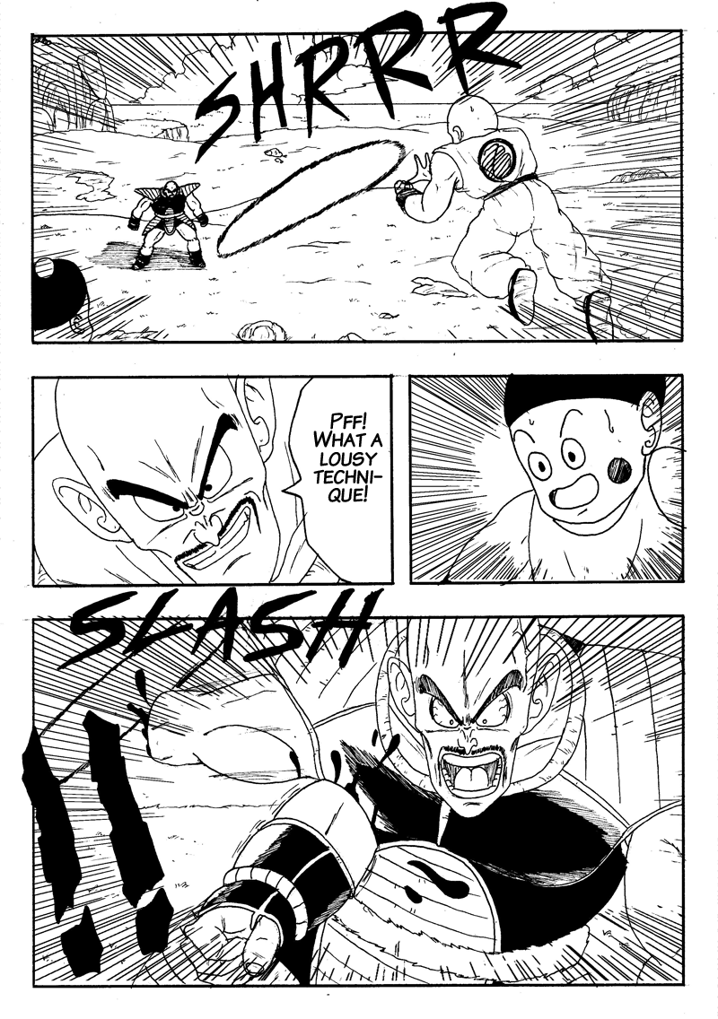 3boys anger_vein bald bald_male blood chaozu cut-off cut_out dragon_ball english_text flying kienzan kuririn multiple_boys muscular muscular_male nappa saiyan saiyan_armor serious speech_bubble surprised
