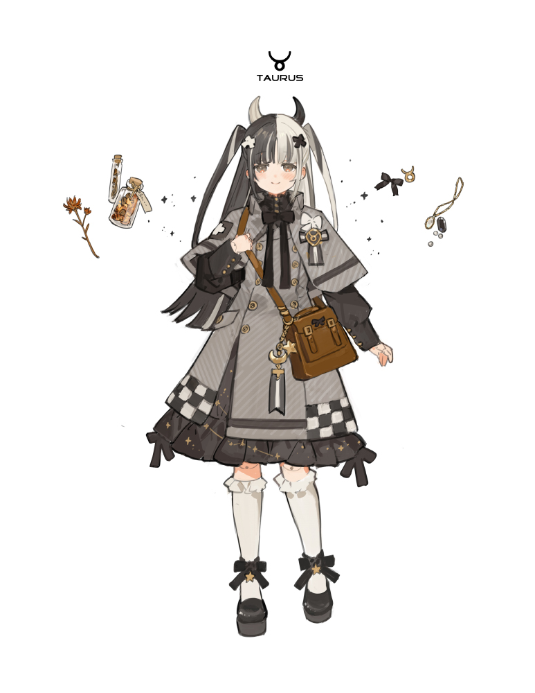1girl bag black_bow black_bowtie black_eyes black_footwear black_gemstone black_hair blush bow bowtie brown_bag buttons checkered_clothes closed_mouth constellation crescent demon demon_horns doll_joints dress flower frilled_socks frills full_body gem grey_dress hair_bow hand_up holding_strap horns jar jewelry joints kneehighs light_smile long_hair long_sleeves looking_ahead looking_at_viewer multicolored_hair multicolored_horns necklace orange_flower original puffy_long_sleeves puffy_sleeves smile socks split-color_hair starshadowmagician straight-on striped taurus_(constellation) taurus_(symbol) taurus_(zodiac) white_background white_bow white_gemstone white_hair white_socks zodiac