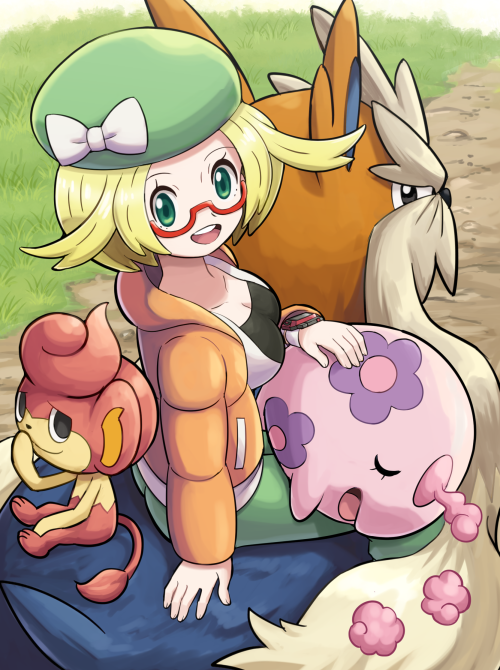 10s 1girl bianca_(pokemon) blonde_hair breasts cleavage gen_5_pokemon glasses green_eyes hat hat_ribbon jacket large_breasts munna nintendo pansear pokemoa pokemon pokemon_(creature) pokemon_bw2 ribbon short_hair sitting stoutland
