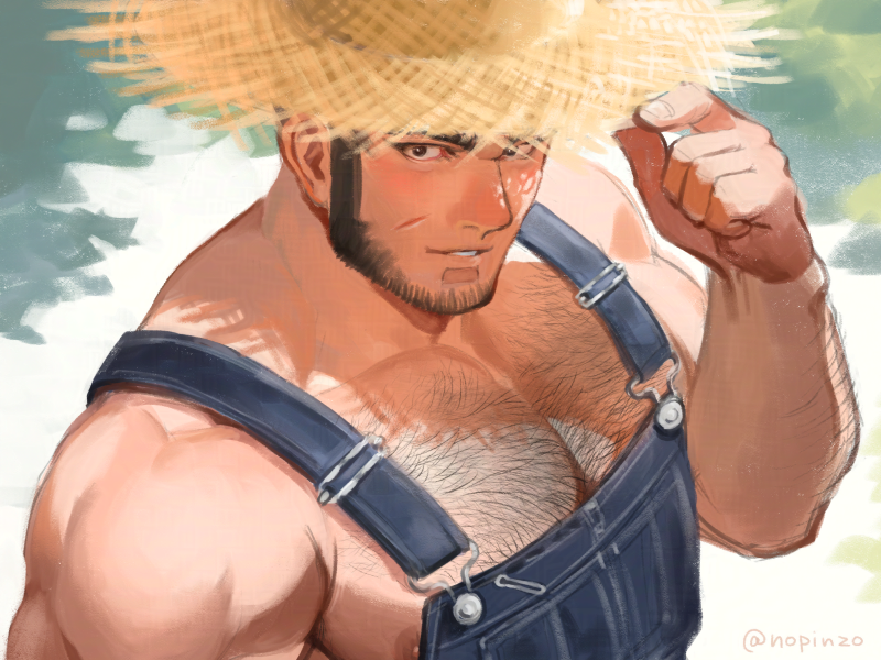 1boy arm_hair arm_up bara bare_pectorals beard black_hair brown_eyes chest_hair facial_hair golden_kamuy hairy hat looking_at_viewer male_focus muscular muscular_male naked_overalls nopinzo overalls pectorals short_hair sideburns smile solo straw_hat tanigaki_genjirou twitter_username upper_body