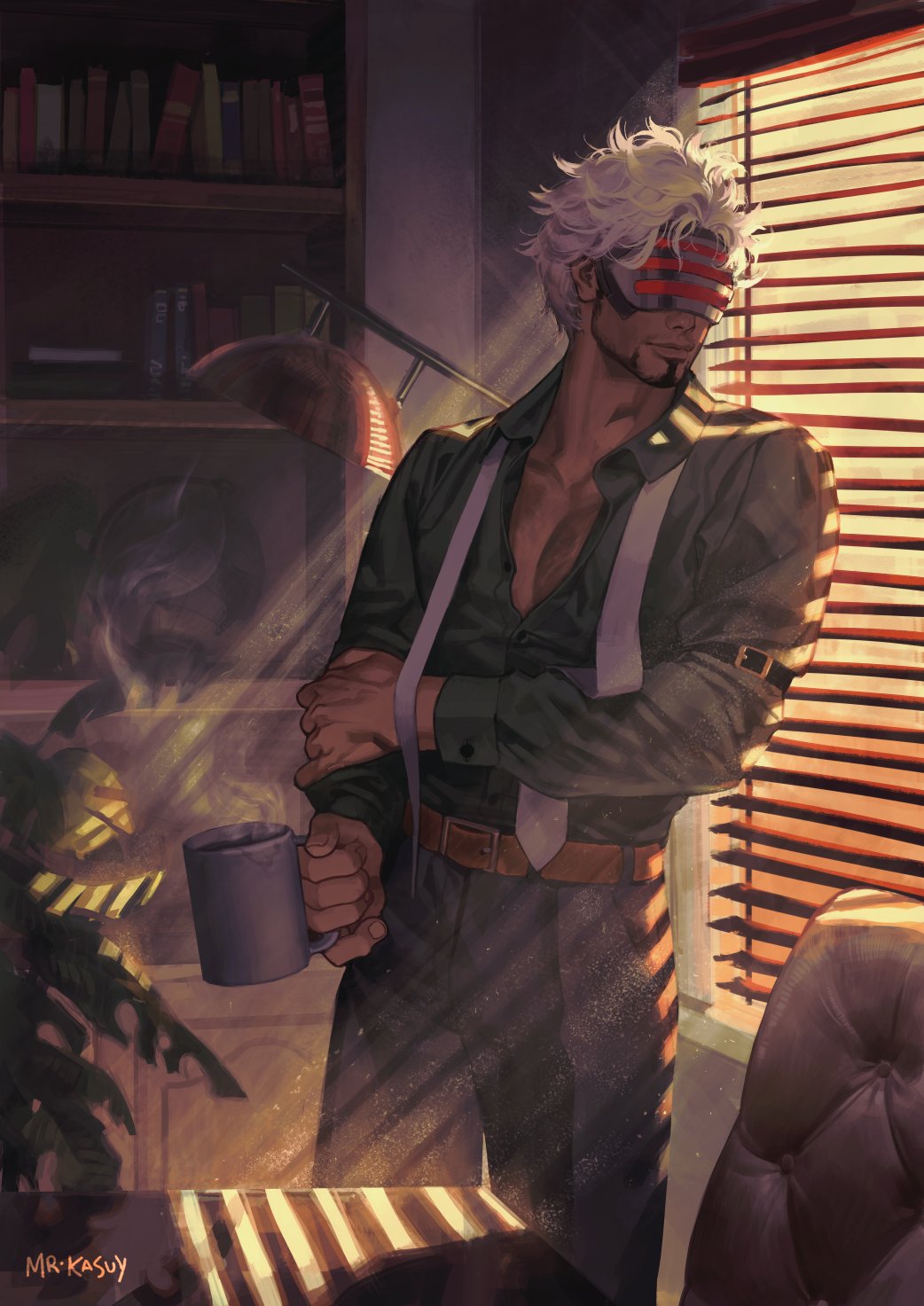 1boy ace_attorney arm_belt artist_name beard belt black_pants window_blinds book bookshelf chair commentary cup day desk english_commentary facial_hair godot_(ace_attorney) highres holding holding_cup indoors lamp long_sleeves male_focus mr_kasuy mug necktie pants pectorals plant potted_plant shadow solo standing steam undone_necktie white_hair