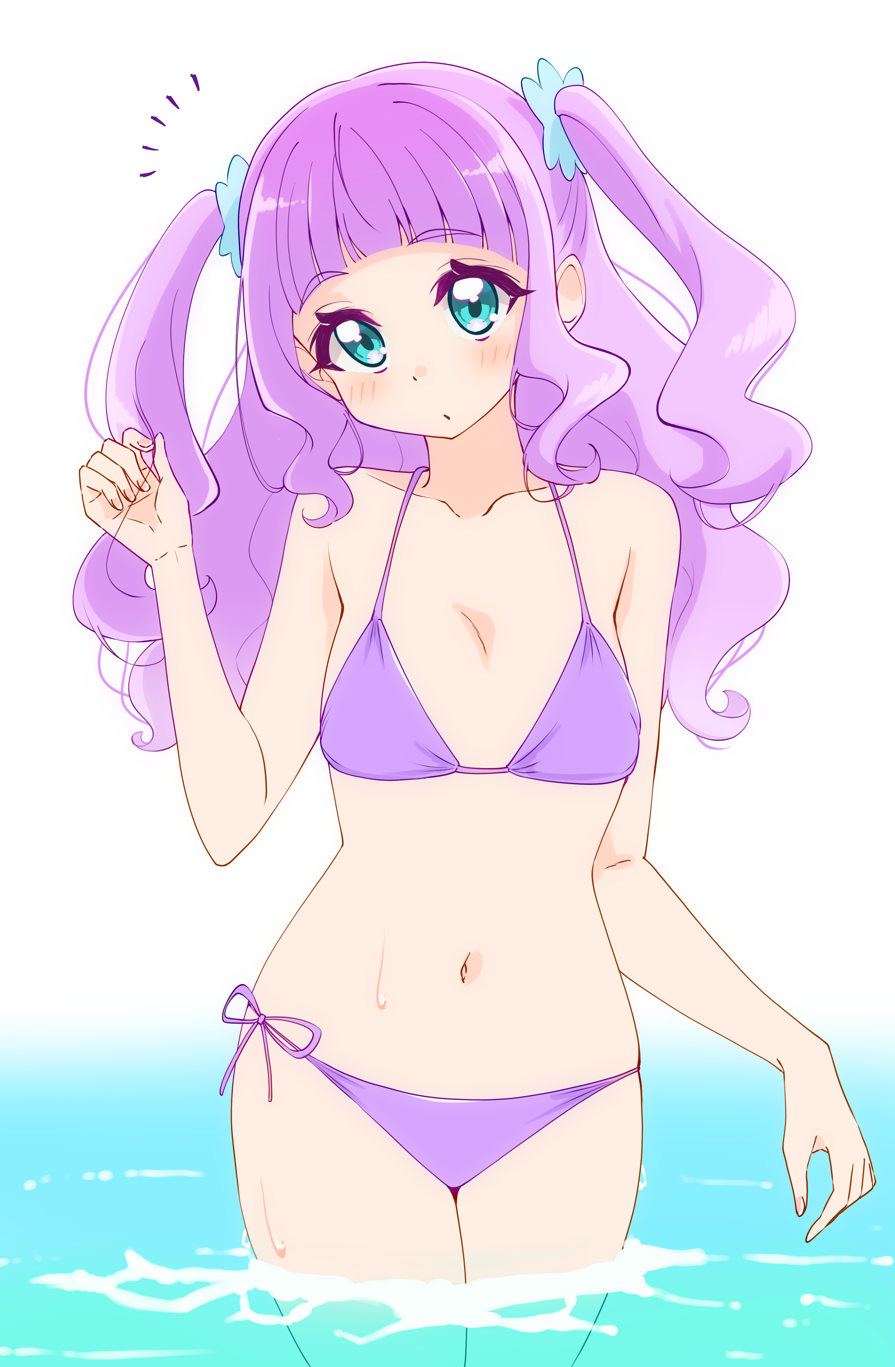 1girl absurdres aqua_eyes bare_arms bare_shoulders bikini blunt_bangs breasts closed_mouth collarbone cowboy_shot ellee-chan eyelashes hair_ornament hand_up head_tilt highres hirogaru_sky!_precure holding holding_own_hair legs_together light_blush long_hair navel notice_lines precure purple_bikini purple_hair raised_eyebrows side-tie_bikini_bottom sidelocks small_breasts solo standing string_bikini sugimura_mickey swimsuit two_side_up wading water wavy_hair wet white_background