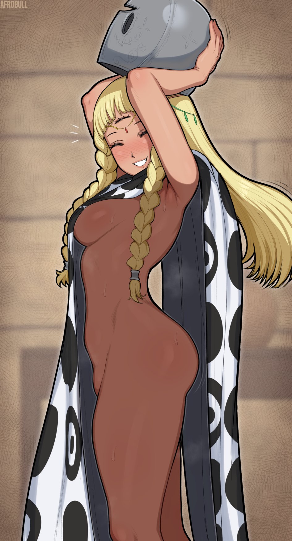 1girl afrobull arched_bangs ass atlus blonde_hair blush braid breasts closed_eyes collared_cloak covering_privates dark-skinned_female dark_skin eupha_(metaphor:_refantazio) from_side helmet highres long_hair metal_hairband metaphor:_refantazio nude_cover patterned_clothing poncho shin_megami_tensei smile solo thighs third_eye triclops twin_braids