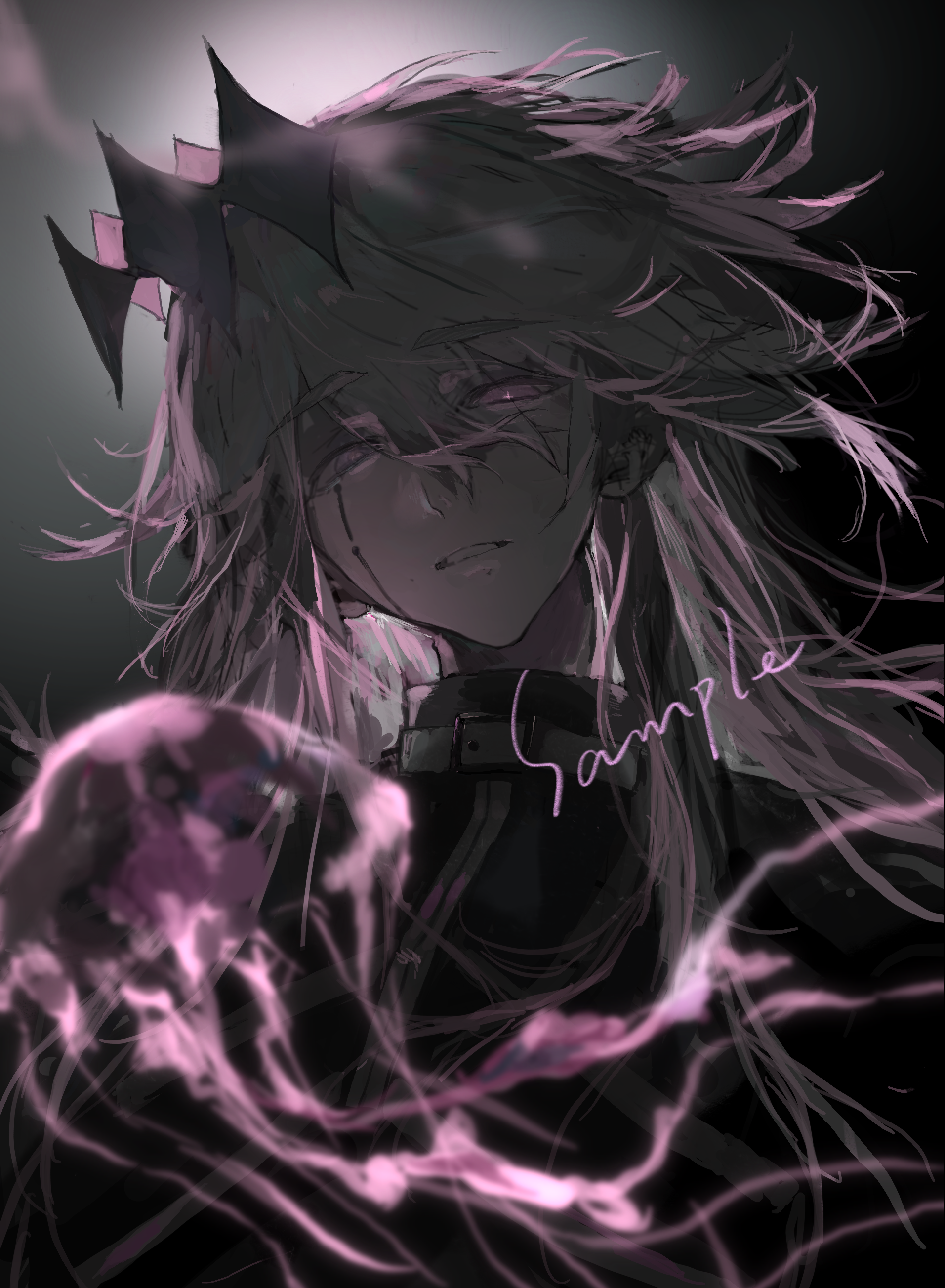 1girl absurdres black_background blurry blurry_foreground buckle commentary_request greyscale hair_between_eyes highres jacket jellyfish kuma_(yoooooooo152) long_hair looking_at_viewer monochrome original pink_eyes sample_watermark solo spot_color upper_body watermark