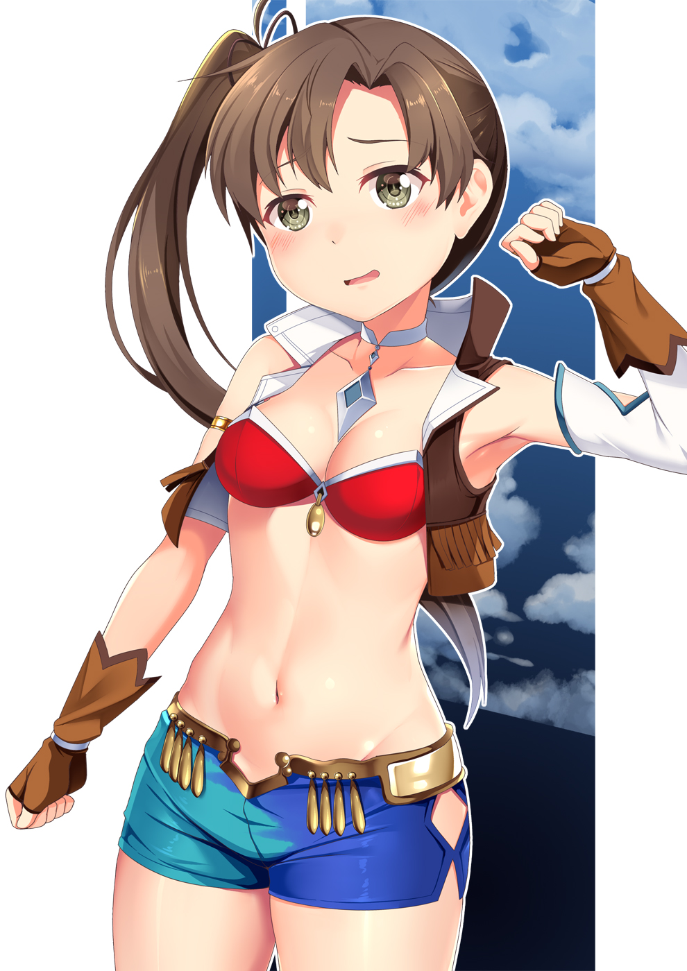 1girl ayanami_(kancolle) blue_shorts breasts brown_eyes brown_gloves brown_hair brown_vest calamity_jane_(fate) calamity_jane_(fate)_(cosplay) calamity_jane_(first_ascension)_(fate) cosplay cowboy_shot cropped_vest detached_collar detached_sleeves fate/grand_order fate_(series) fingerless_gloves gloves green_shorts highres hip_vent kantai_collection long_hair navel open_clothes open_vest short_shorts shorts side_ponytail single_detached_sleeve small_breasts solo two-tone_shorts vest yasume_yukito yellow_vest