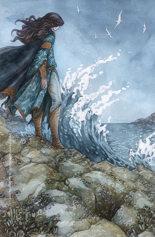 1boy barnacle bird black_hair blue_cape blue_pants blue_robe blue_sky blue_theme boots breaking_wave brown_boots brown_trim cape elf embroidery from_behind jenny_dolfen layered_sleeves long_hair maglor male_focus ocean painting_(medium) pants pointy_ears robe rock seagull shore sky solo standing_on_rock the_silmarillion tolkien&#039;s_legendarium traditional_media watercolor_(medium) waving