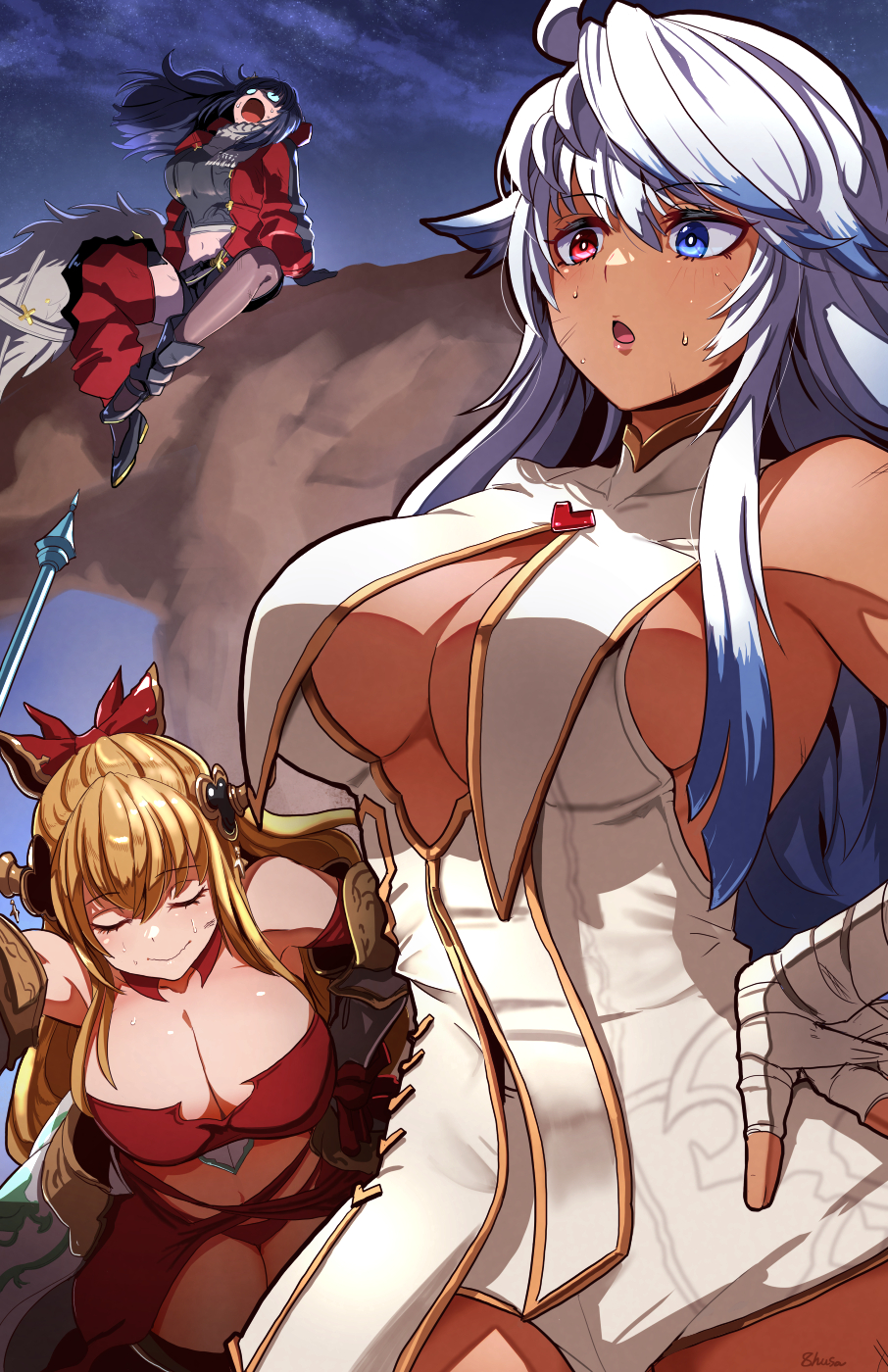 3girls bandaged_arm bandages black_hair blonde_hair blue_eyes breasts cleavage commentary_request cosmos_(granblue_fantasy) dark-skinned_female dark_skin exhausted fujioka_yatsufusa glasses granblue_fantasy heterochromia highres illnott_(granblue_fantasy) large_breasts long_hair multicolored_hair multiple_girls ponytail post_guild_war_celebration red_eyes ribbon single_leg_pantyhose sweat vira_(granblue_fantasy) white_hair