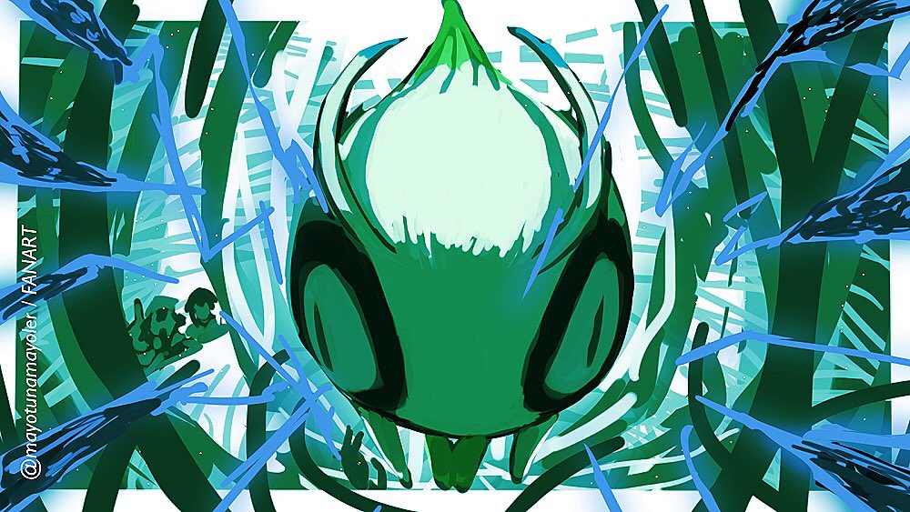 antennae artist_name ash_ketchum celebi colored_skin dark_persona electricity fisheye floating gen_2_pokemon green_skin green_theme legendary_pokemon levitation mayotsunamayo mythical_pokemon nintendo plant pokemon pokemon_(anime) pokemon_(classic_anime) pokemon_4ever_-_celebi:_the_voice_of_the_forest professor_oak sketch slit_pupils solo_focus vines wall-eyed