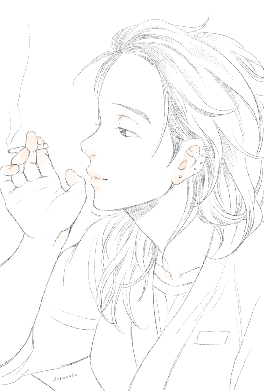 1girl artist_name cigarette dorocoko ear_piercing female_focus japanese_clothes katsuki_mari monochrome piercing smile smoke solo spot_color yuri!!!_on_ice