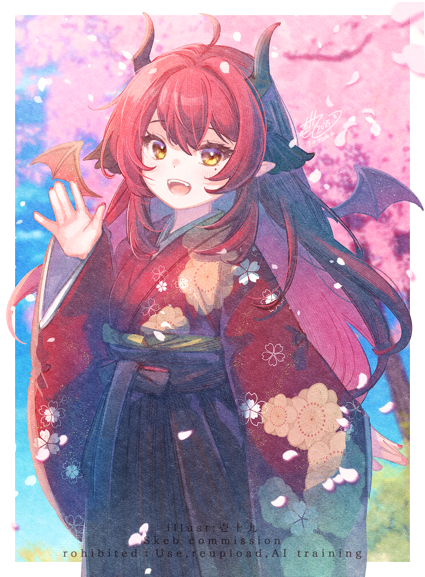1girl :d ahoge black_hakama blue_sky blurry blurry_background blush brown_eyes brown_wings cherry_blossoms commentary_request commission dated day depth_of_field detached_wings dragon_girl dragon_horns dragon_wings fangs floral_print hair_between_eyes hakama horns ittokyu japanese_clothes kimono long_hair long_sleeves looking_at_viewer mini_wings mole mole_under_eye nail_polish open_mouth original petals print_kimono red_hair red_kimono red_nails signature sky sleeves_past_wrists smile solo spring_(season) tree very_long_hair watermark wide_sleeves wings