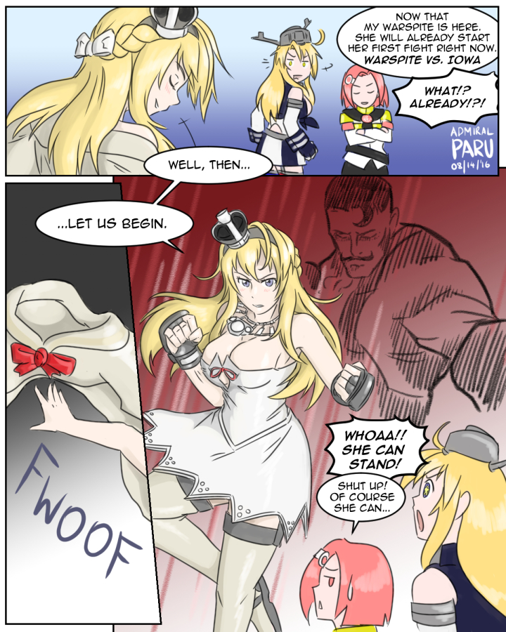 10s admiral_paru ahoge bare_shoulders blonde_hair boxing_gloves comic detached_sleeves dudley english_text facial_hair female_admiral_(kancolle) headgear iowa_(kancolle) jojo_no_kimyou_na_bouken kantai_collection long_hair multiple_girls mustache open_mouth stand_(jojo) street_fighter street_fighter_iii_(series) thighhighs translation_request warspite_(kancolle)