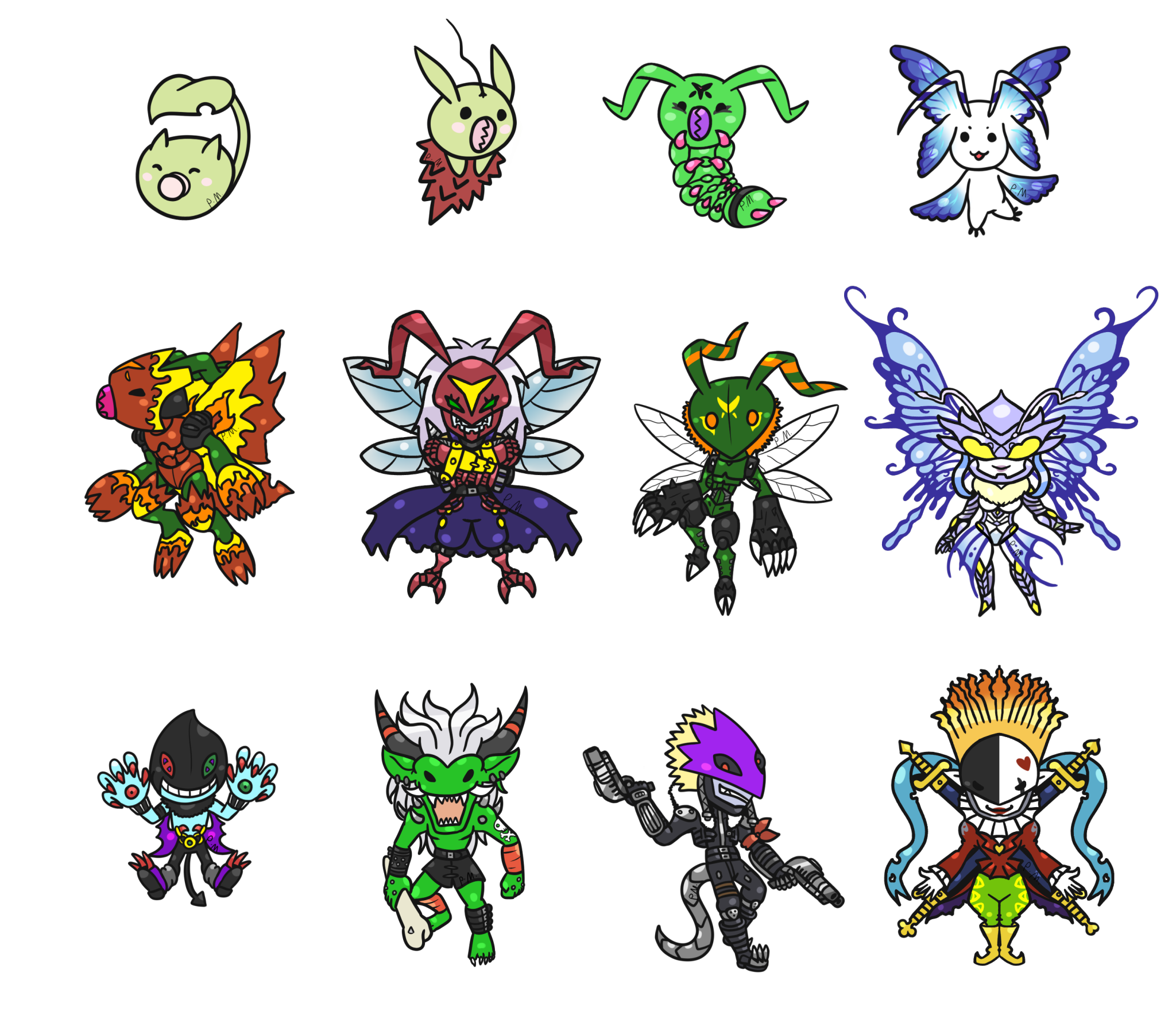 arthropod_girl banchostingmon beelzebumon butterfly_wings digimon digimon_(creature) dracumon highres hudiemon insect_wings leafmon long_hair mask minomon monster_girl morphomon orgemon piemon shadramon stingmon wings wormmon
