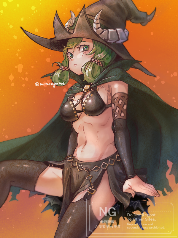 1girl cloak fake_horns fingernails folded_hair green_cloak hat horned_hat horned_headwear horns long_fingernails momongame_17 o-ring_strap unicorn_overlord witch witch_hat yahna_(unicorn_overlord)