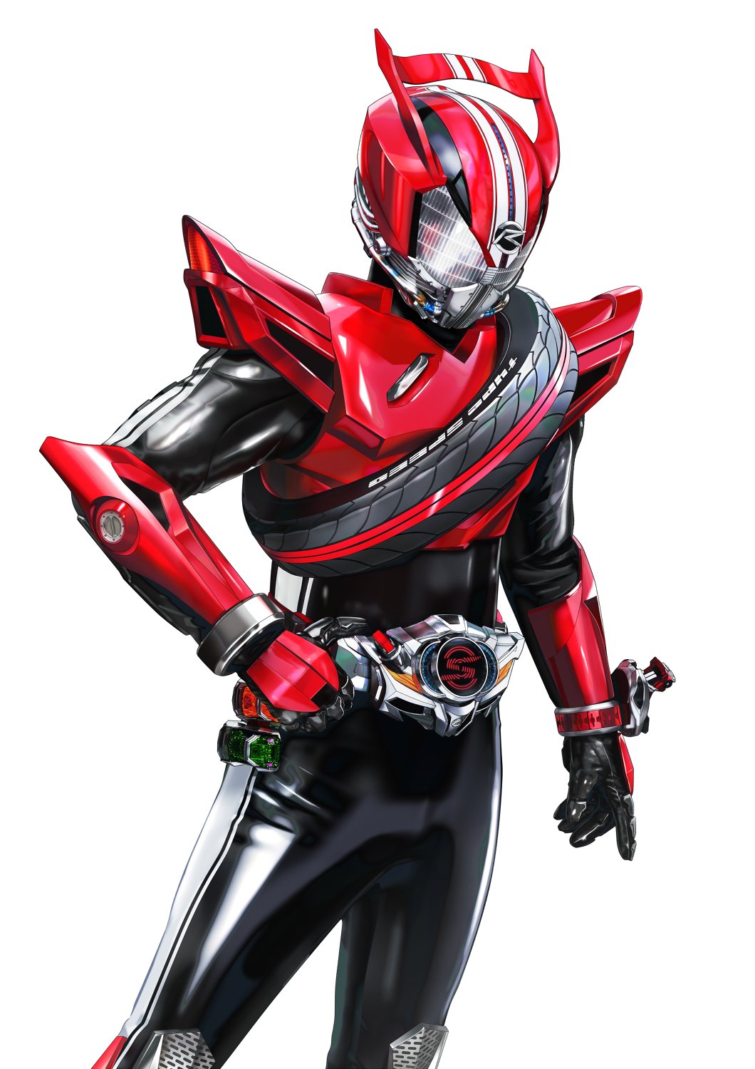 1boy armor belt belt-san compound_eyes contrapposto drive_driver gloves highres kamen_rider kamen_rider_drive kamen_rider_drive_(series) male_focus masukudo_(hamamoto_hikaru) red_armor red_belt rider_belt shift_brace shift_car standing type_speed unused_tire white_background white_eyes