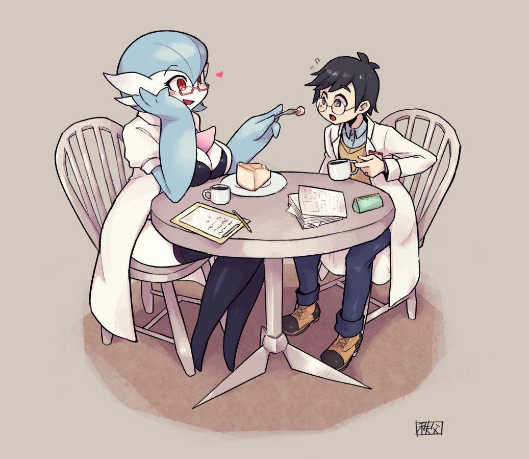 1boy 1girl alternate_color black_thighhighs blue_hair blue_pants blue_skin blush bob_cut breasts chair chichibu_(watson) collared_shirt colored_skin commission cup dr._voir_(nanosheep) feeding fork gardevoir gen_3_pokemon hand_on_own_cheek hand_on_own_face heart holding holding_cup holding_fork lab_coat mug multicolored_skin nanosheep_(character) nintendo on_chair pants pokemon pokemon_(creature) shiny_pokemon shirt simple_background sitting table thighhighs two-tone_skin white_skin
