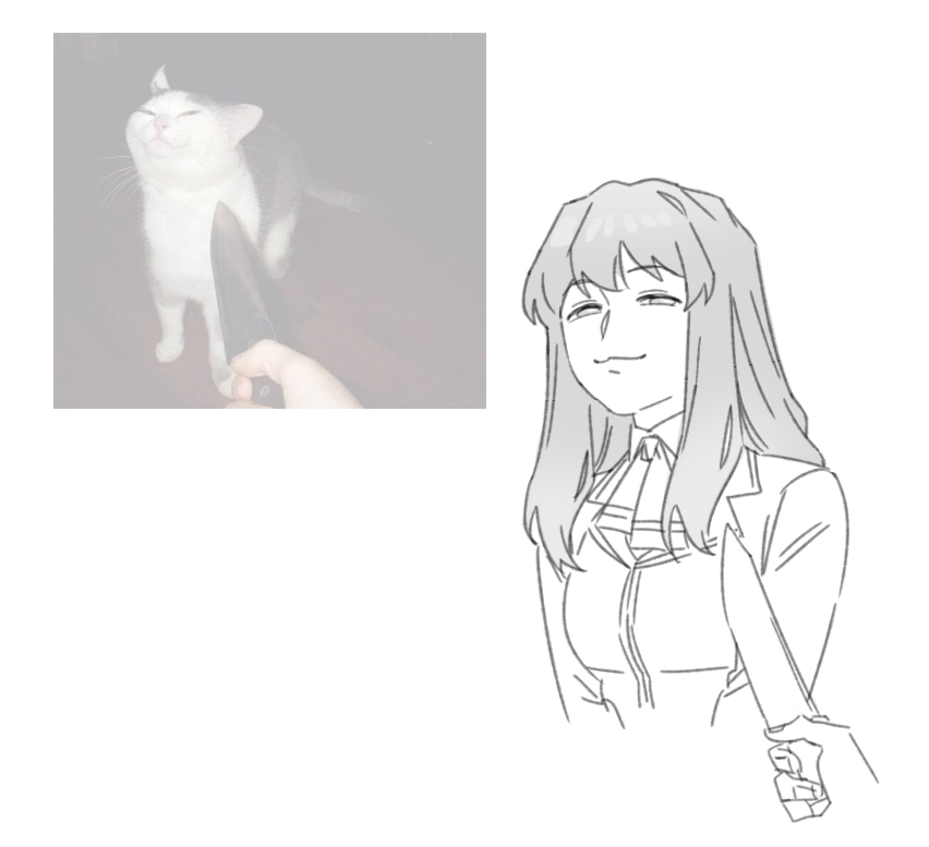 1girl 1other cat closed_mouth commentary fujino_shizuru fuuka_academy_school_uniform guri_gom holding holding_knife knife knife_cat_(meme) long_hair looking_at_viewer meme my-hime neck_ribbon reference_inset ribbon school_uniform smile