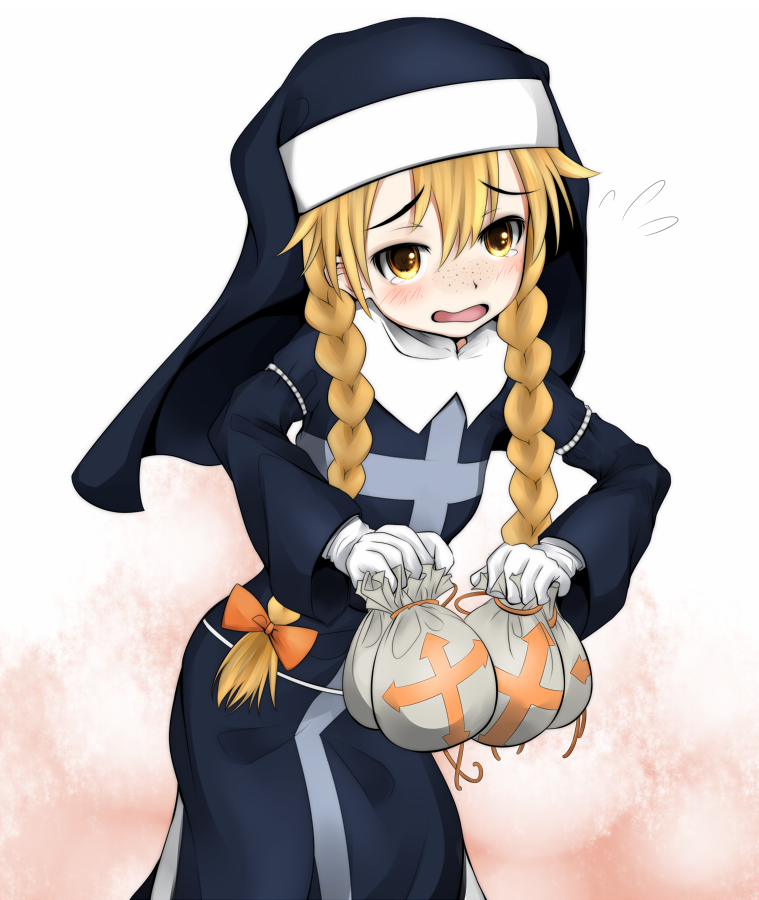 1girl alternate_eyebrows angelene blonde_hair blush bow braid breasts child commentary_request feet_out_of_frame freckles gloves habit hair_between_eyes hair_bow holding long_bangs long_hair long_sleeves looking_at_viewer mismatched_eyebrows nun open_mouth orange_bow shin_(highest1192) small_breasts solo toaru_majutsu_no_index toaru_majutsu_no_index:_old_testament twin_braids white_gloves