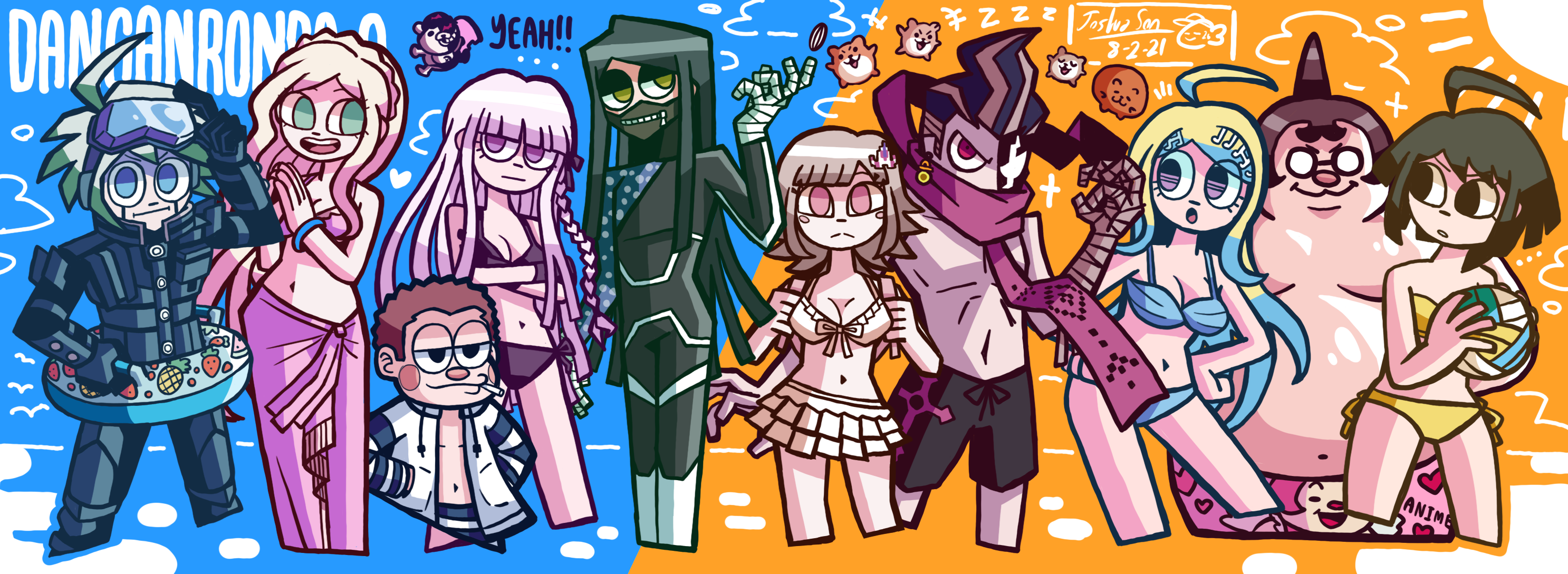 5girls 6+boys ahoge akamatsu_kaede bandaged_hand bandages black_gloves black_hair black_mask black_ribbon blonde_hair braid cham-p danganronpa:_trigger_happy_havoc danganronpa_(series) danganronpa_2:_goodbye_despair danganronpa_v3:_killing_harmony fortissimo galaga gloves hair_ornament hamster highres hoshi_ryoma josh-s26 jum-p k1-b0 kirigiri_kyoko long_hair long_sleeves maga-g mask medium_hair monokuma mouth_mask multiple_boys multiple_girls musical_note musical_note_hair_ornament naegi_komaru nanami_chiaki open_mouth pink_scarf purple_scarf ribbon scarf shinguji_korekiyo short_hair side_braid sonia_nevermind sun-d tanaka_gundham