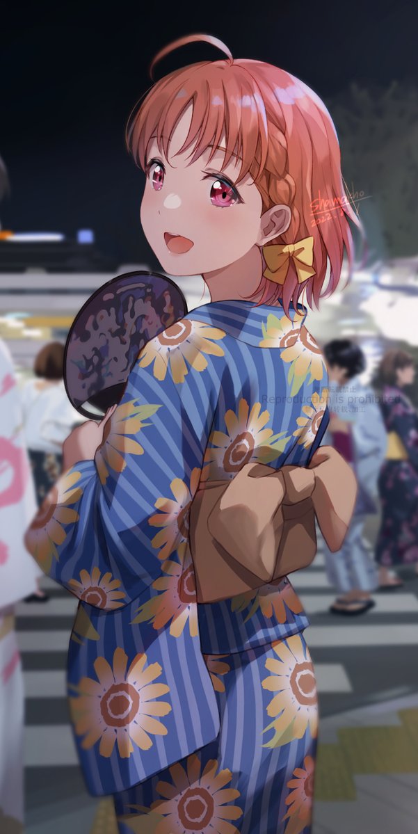 1girl ahoge birthday blue_kimono braid commentary floral_print from_behind hand_fan holding holding_fan japanese_clothes kimono looking_at_viewer love_live! love_live!_sunshine!! orange_hair red_eyes shamakho short_hair side_braid signature smile solo_focus takami_chika upper_body yukata