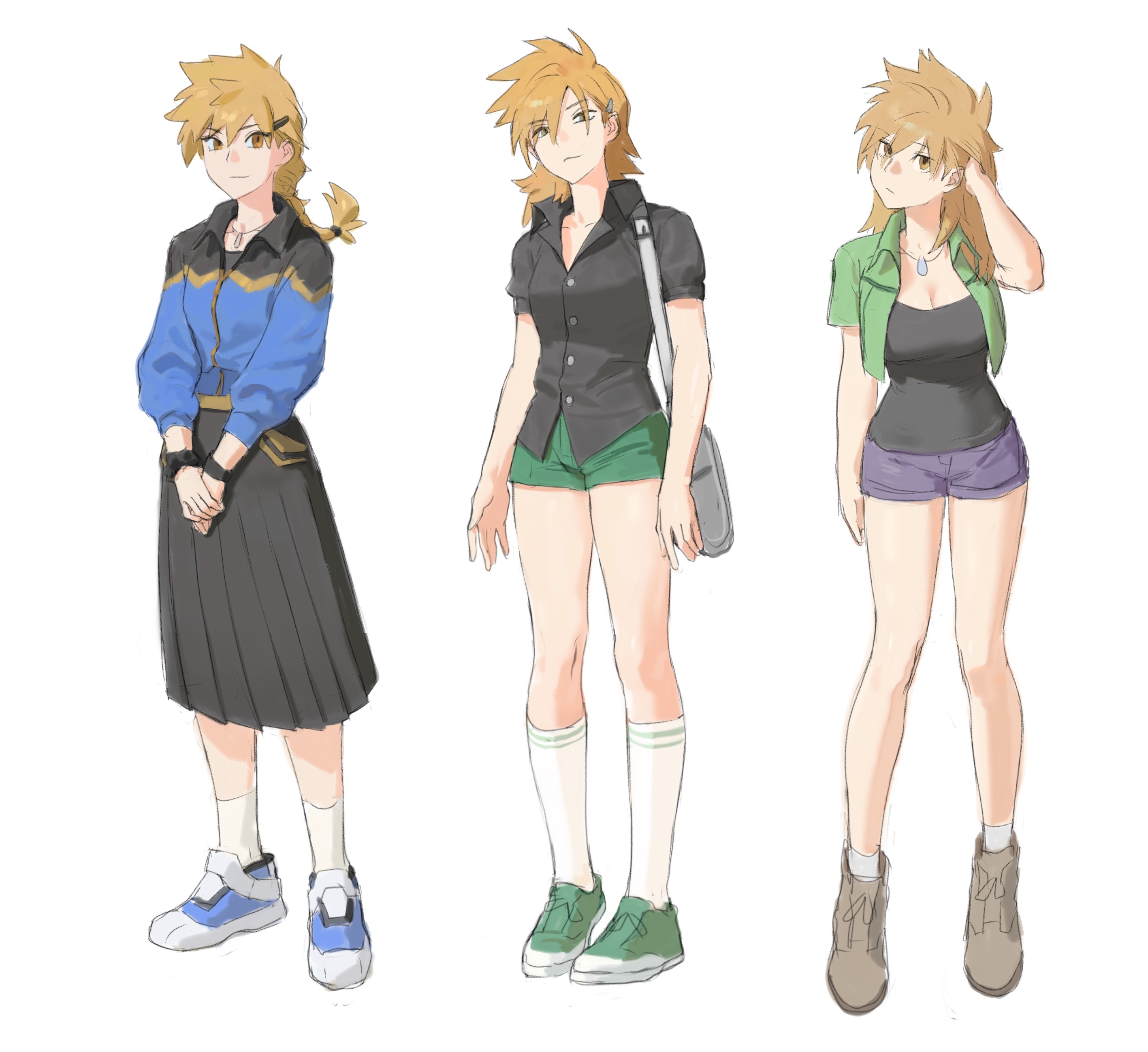1girl absurdres adapted_costume ankle_socks black_shirt black_skirt blonde_hair blue_footwear blue_jacket blue_oak blue_oak_(sygna_suit) breasts brown_footwear chinese_commentary cleavage closed_mouth cropped_jacket dress_shirt genderswap genderswap_(mtf) green_footwear green_jacket green_shorts grey_bag hair_ornament hairclip hand_up highres jacket jewelry kneehighs long_hair looking_at_viewer medium_skirt multiple_views necklace nintendo orange_eyes pleated_skirt pokemon pokemon_masters_ex pokemon_origins pokemon_sm ponytail purple_shorts scoop_neck shirt shoes short-sleeved_jacket short_shorts short_sleeves shorts skirt smile socks spiked_hair striped_clothes striped_socks uri_ryou white_background white_socks wristband