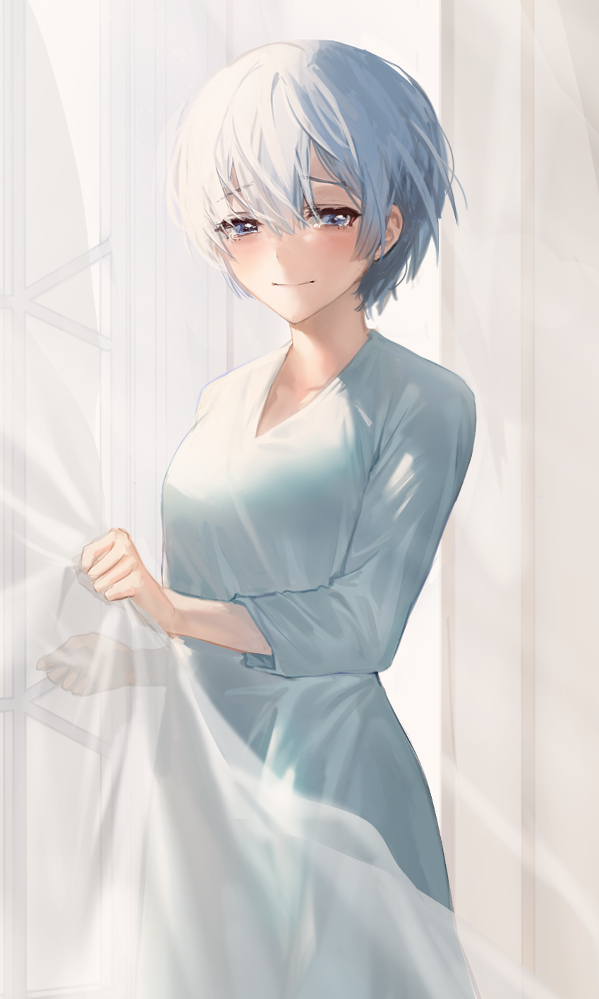 1girl blue_eyes blue_hair blue_nightgown breasts closed_mouth collarbone commentary cowboy_shot curtain_grab curtains highres indoors light_blush light_smile long_sleeves looking_at_viewer medium_breasts nightgown re:zero_kara_hajimeru_isekai_seikatsu rem_(re:zero) see-through_curtains short_hair solo sowb tearing_up