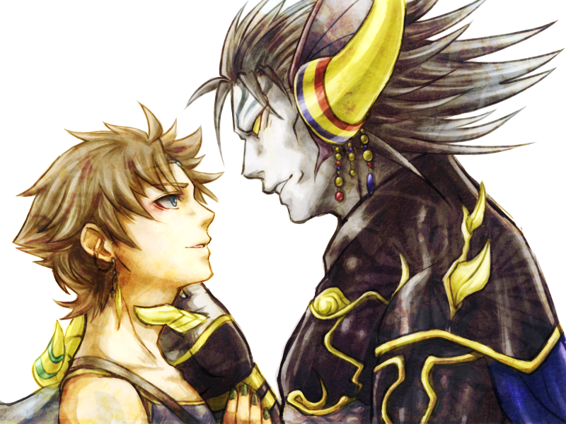 1990s_(style) 2boys alternate_costume alternate_form armor bare_shoulders black_hair blue_eyes brown_hair bartz_klauser colored_sclera dissidia_final_fantasy earrings exdeath eye_contact facial_mark final_fantasy final_fantasy_v horns jewelry looking_at_another male_focus messy_hair multiple_boys nail_polish neo_exdeath nigou_(equal1014) no_pupils pale_skin spiked_hair white_background yaoi yellow_eyes yellow_sclera