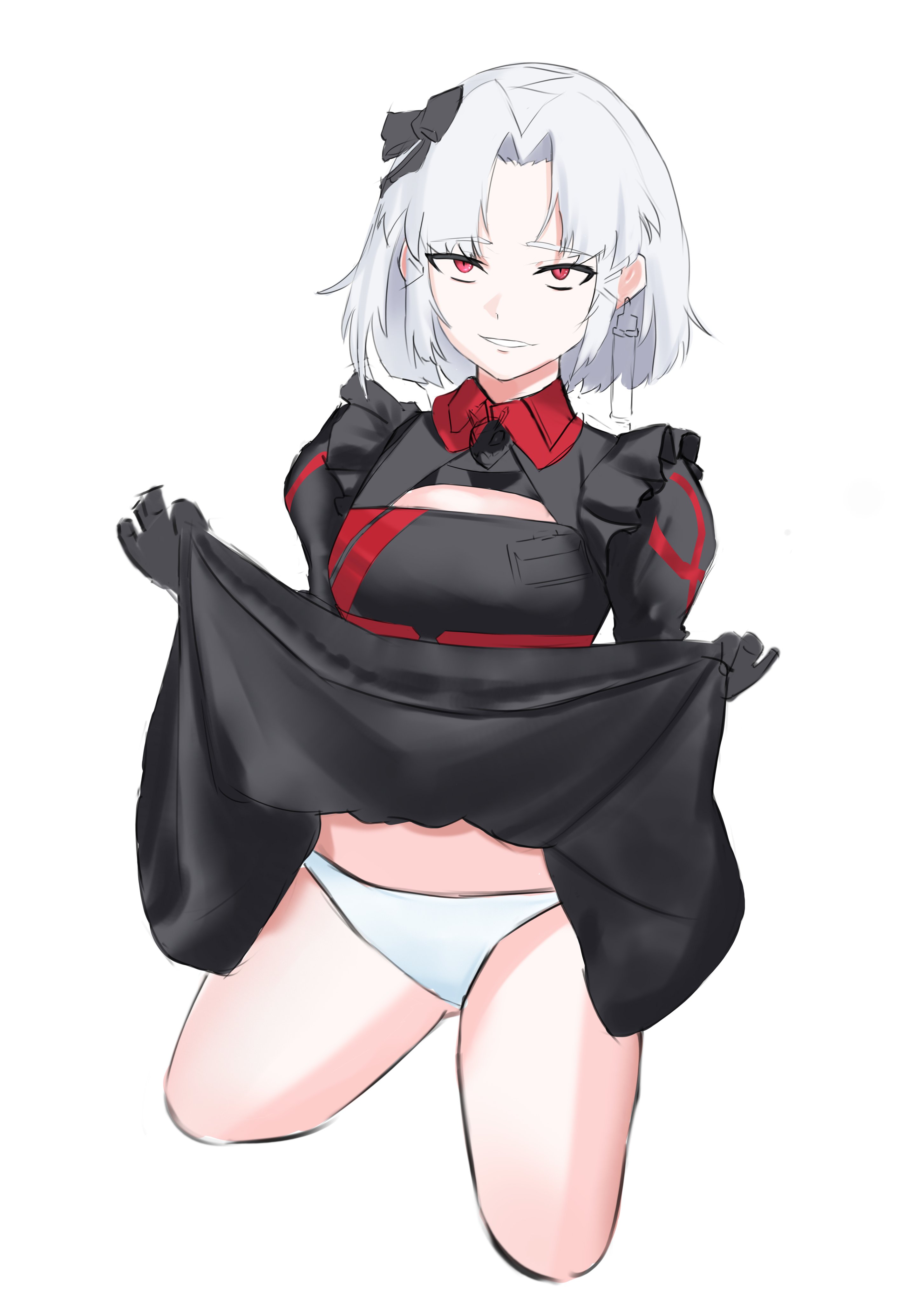 1girl absurdres alternate_costume ath_what black_dress black_ribbon breasts character_name clothes_lift drake_(maid_for_villain)_(nikke) drake_(nikke) dress dress_lift earrings enmaided frilled_dress frills goddess_of_victory:_nikke grin hair_ribbon highres jewelry looking_at_viewer maid maid_headdress official_alternate_costume panties red_dress red_eyes ribbon short_hair small_breasts smile solo two-tone_dress underwear white_hair white_panties